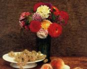 Still Life Dahlias in a Green Vase - 亨利·方丹·拉图尔